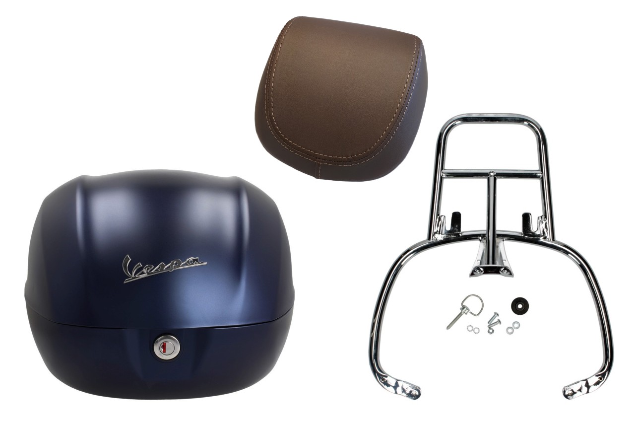 Kit baúl 32L opaco azul oscuro mate (288/A), cojín de respaldo marrón para Vespa Primavera