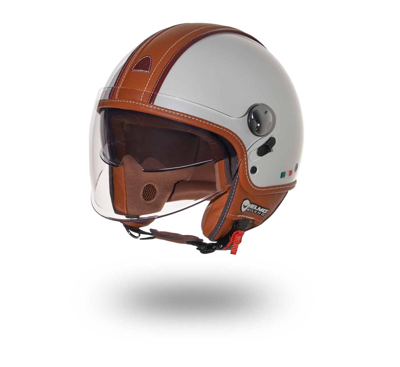 Helmo Milano Demi Jet PelleDura Premium, blanco brillante con piel ecológica marrón